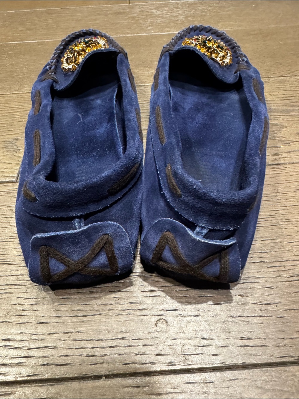 Vintage Miu Miu Navy Suede Beaded Moccasin Loafers 39.5 - Picture 4 of 7